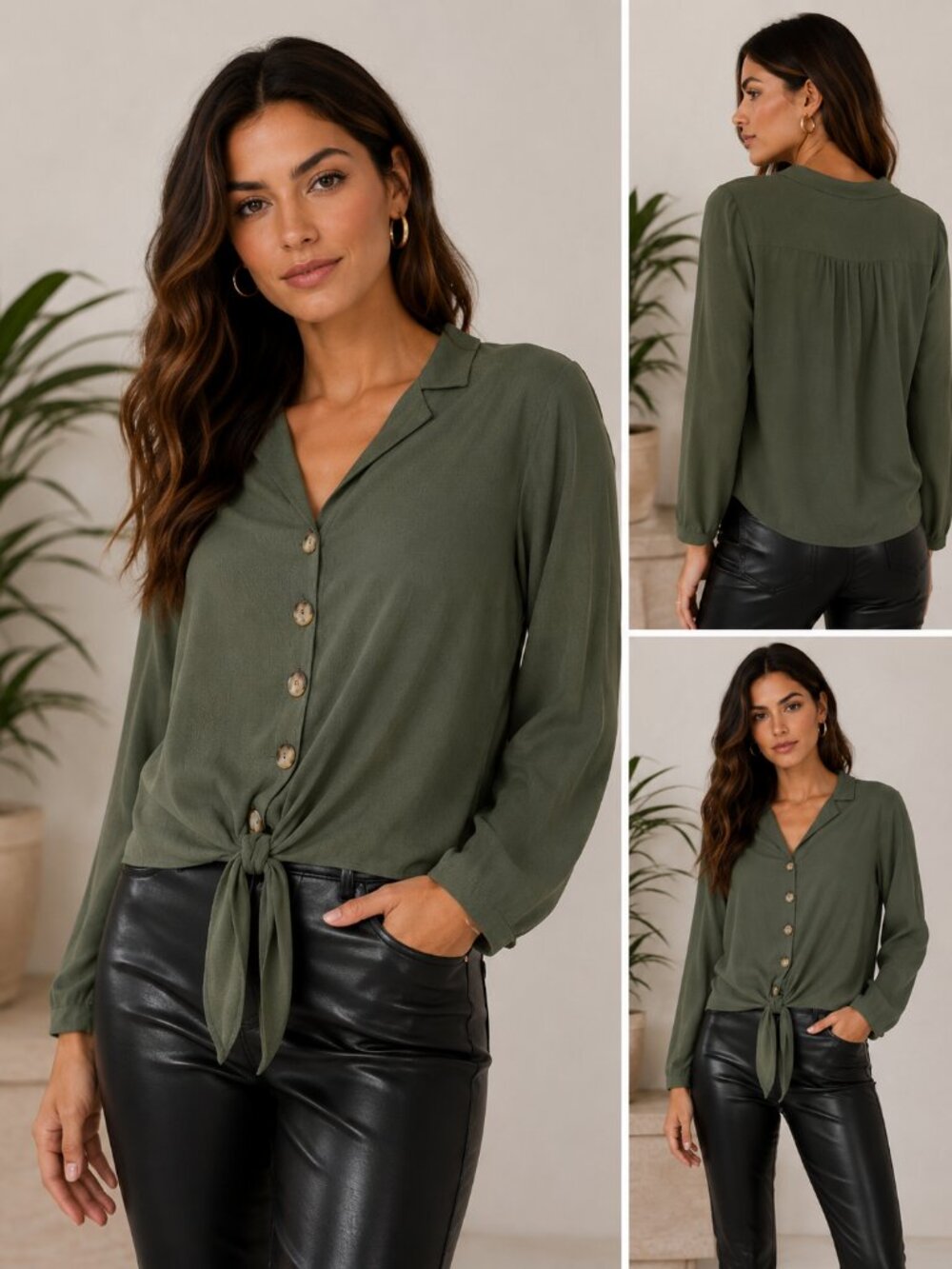Olive Green Utility Blouse Tie Front Long Sleeve L